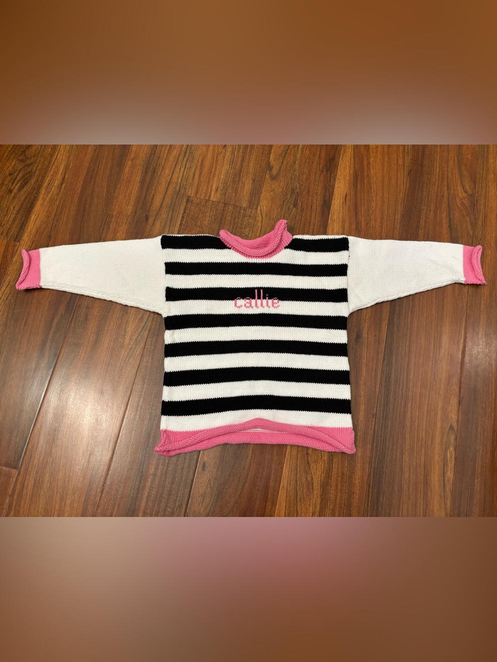 MJK Knits White Black Stripe Pink Lettering Callie Sweater